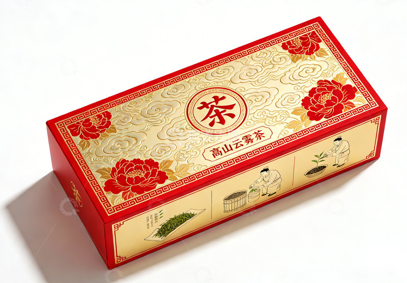 高清大图下载【趣麦麦图】红色祥云牡丹茶叶包装盒设计