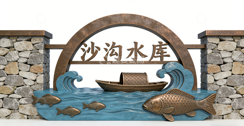 高清大图下载【趣麦麦图】石雕风格沙沟水库景观小品标识设计