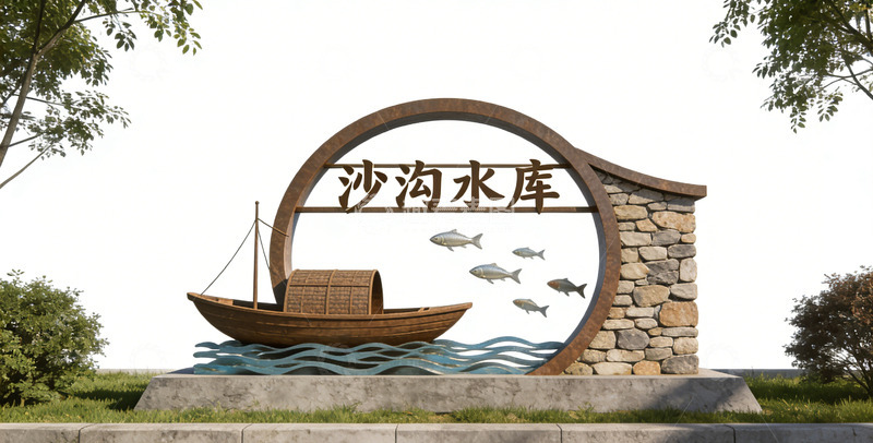 高清大图下载【趣麦麦图】沙沟水库标志牌石雕设计景观小品