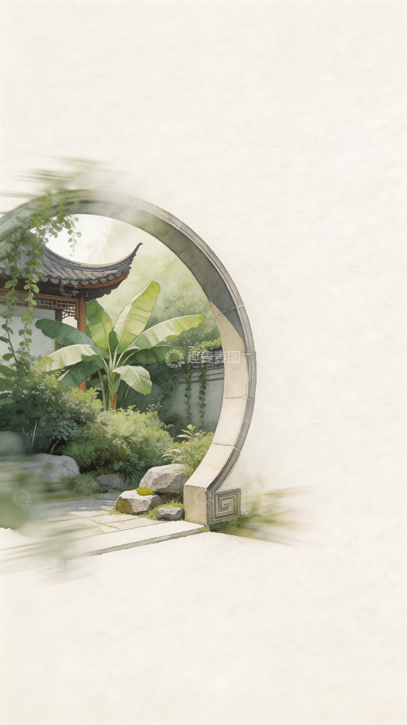 高清大图下载【趣麦麦图】圆形门古典园林风景插画