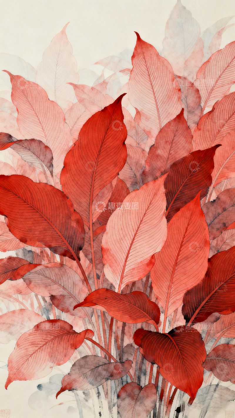 高清大图下载【趣麦麦图】水彩红叶艺术插画