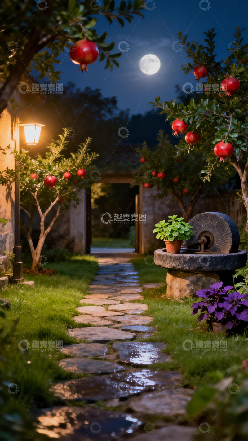 高清大图下载【趣麦麦图】月夜庭院石径风光