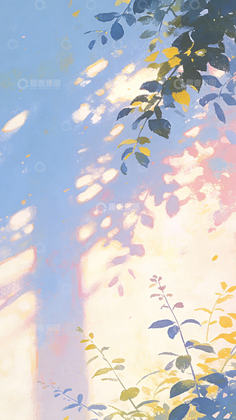 高清大图下载【趣麦麦图】暖色调树叶光影插画