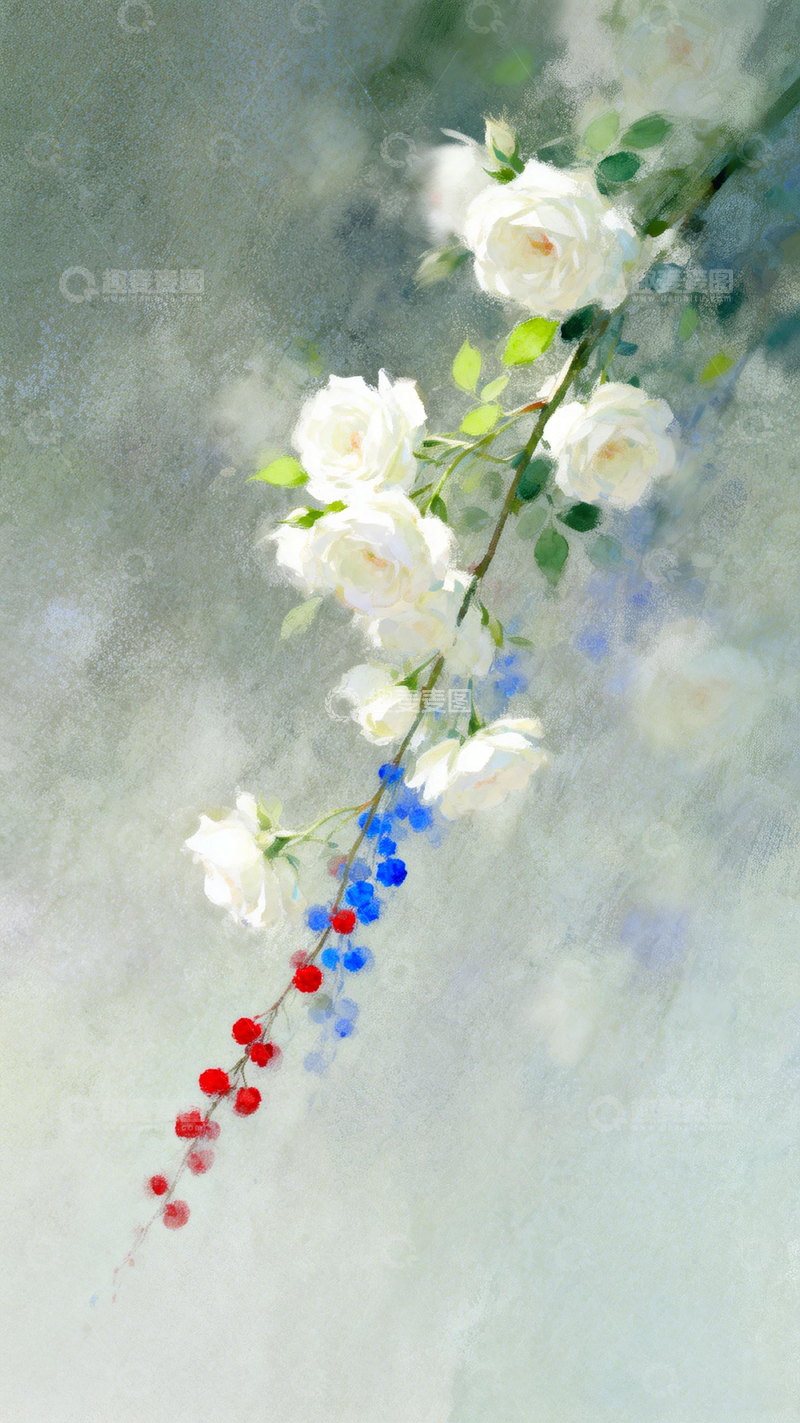 高清大图下载【趣麦麦图】水彩白玫瑰蓝红果枝