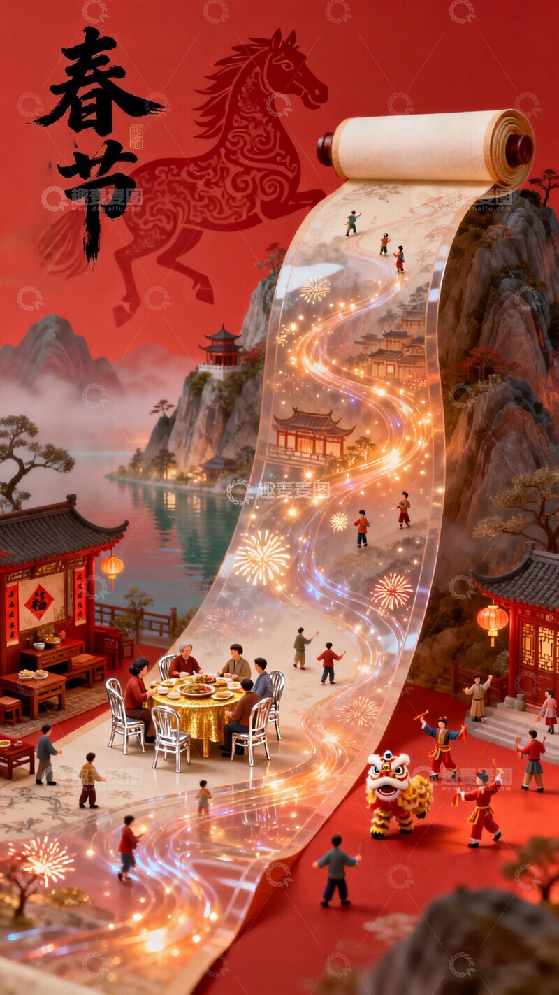 高清大图下载【趣麦麦图】春节欢乐场景微缩模型设计素材
