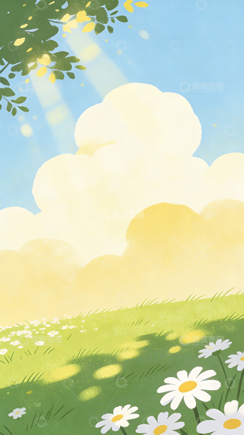 高清大图下载【趣麦麦图】清新阳光草地花朵插画