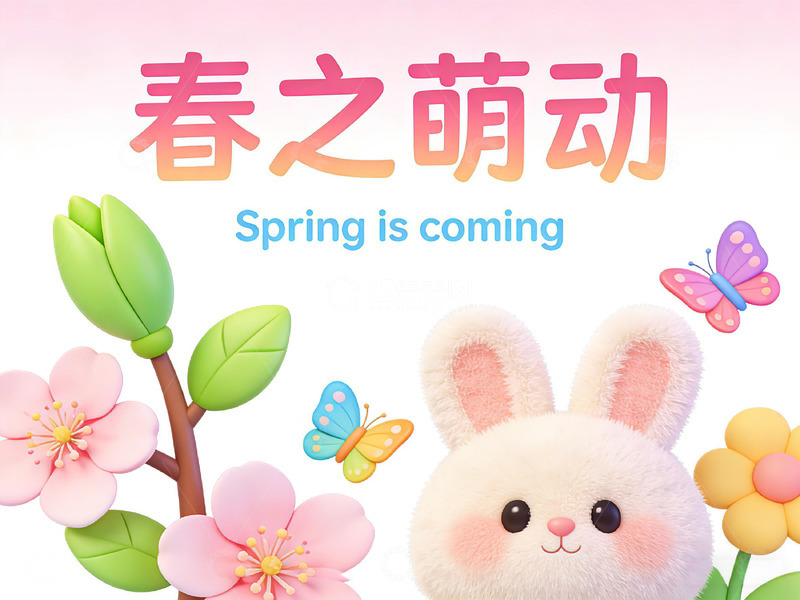高清大图下载【趣麦麦图】卡通春风花朵兔子宣传画