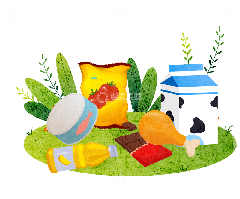 源文件下载【趣麦麦图】户外美味零食野餐牛奶插画