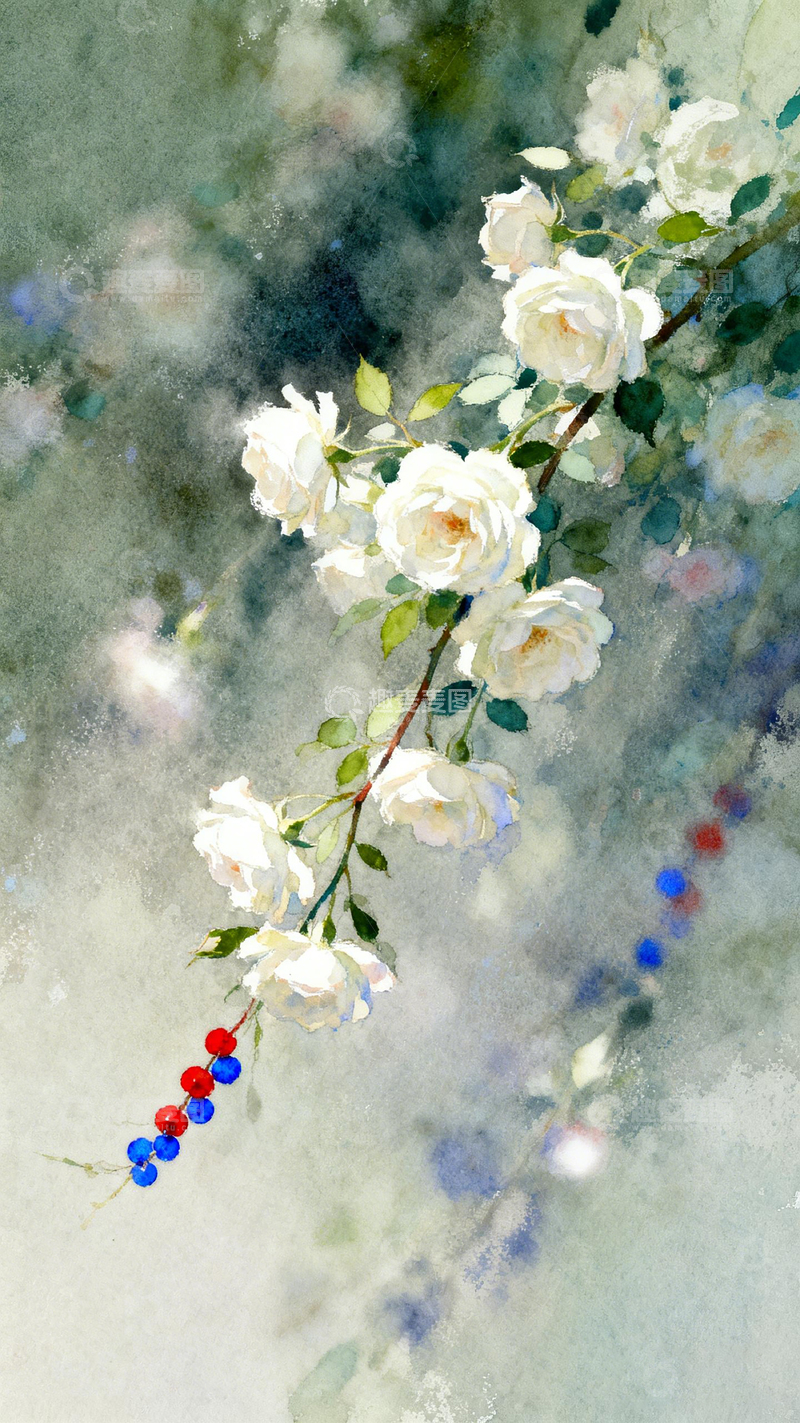 高清大图下载【趣麦麦图】水彩白玫瑰花卉装饰画