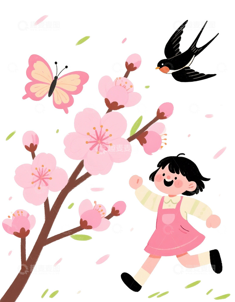 高清大图下载【趣麦麦图】春日樱花飞舞童趣插画