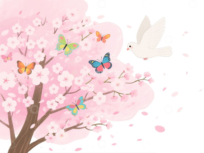高清大图下载【趣麦麦图】樱花鸽子蝴蝶春日插画