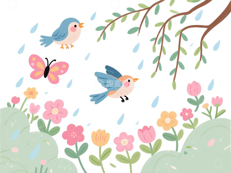 高清大图下载【趣麦麦图】春天花园鸟语花香插画