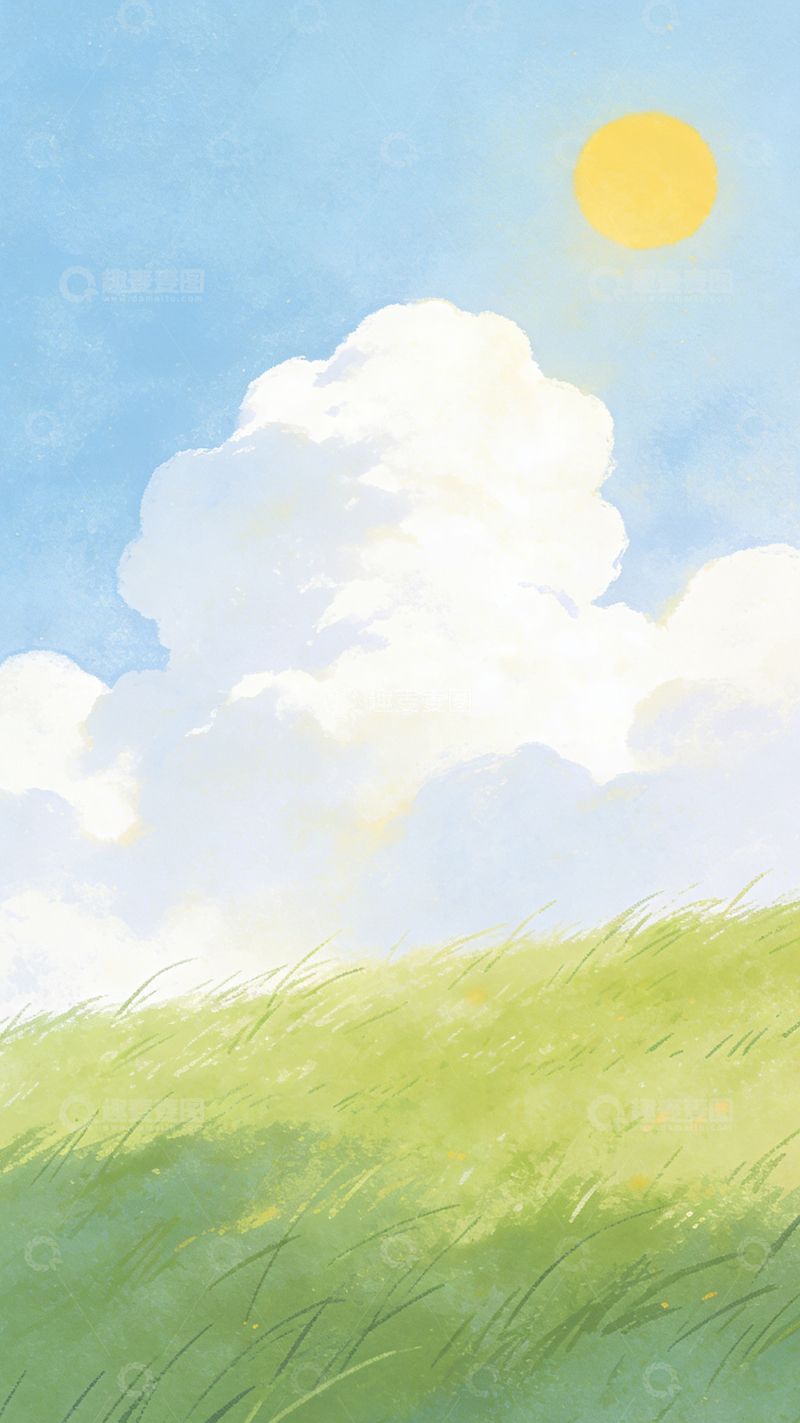 高清大图下载【趣麦麦图】水彩草地云朵太阳风景画