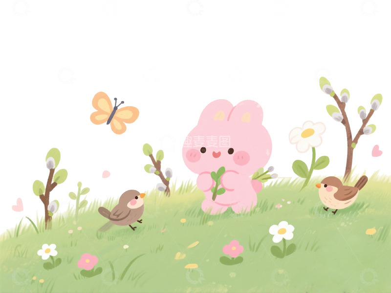 高清大图下载【趣麦麦图】卡通春天草地兔鸟插画