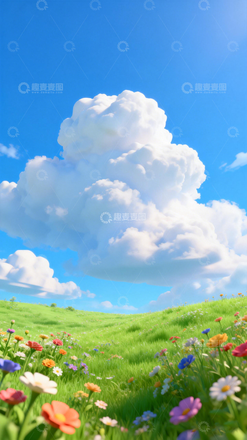 高清大图下载【趣麦麦图】卡通风格草地花朵蓝天白云