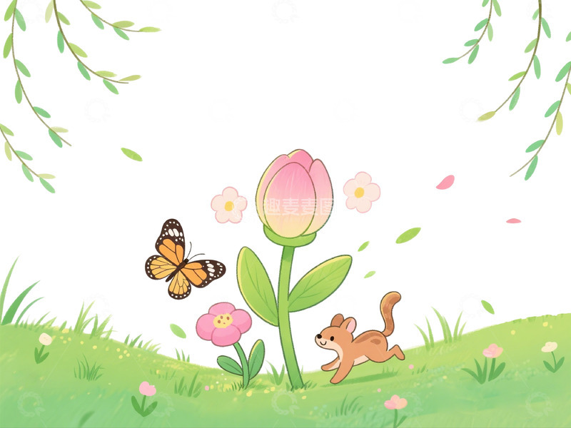 高清大图下载【趣麦麦图】卡通春天花卉与动物插画