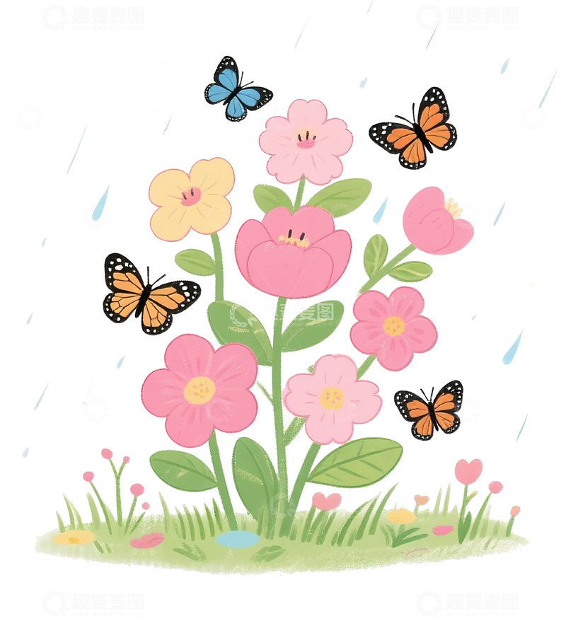 高清大图下载【趣麦麦图】卡通花蝴蝶雨中插画