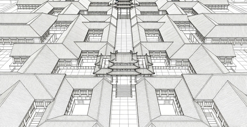 高清大图下载【趣麦麦图】传统建筑对称设计线稿图