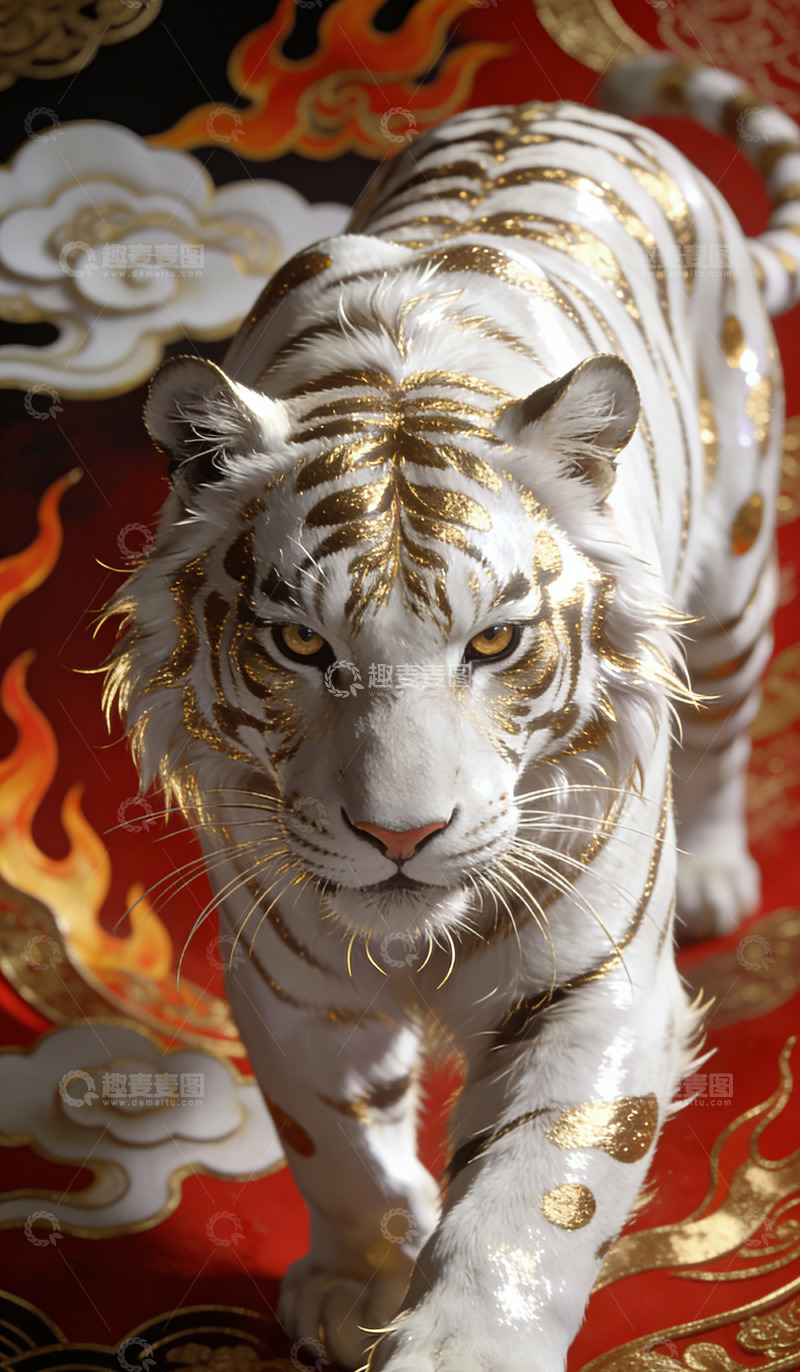 高清大图下载【趣麦麦图】白虎装饰画金纹火焰背景