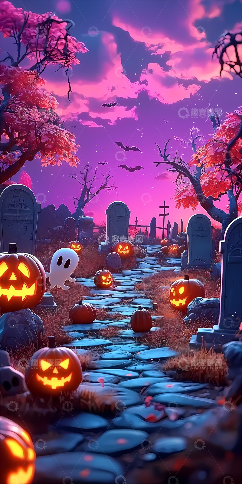 高清大图下载【趣麦麦图】万圣节墓园南瓜场景插画