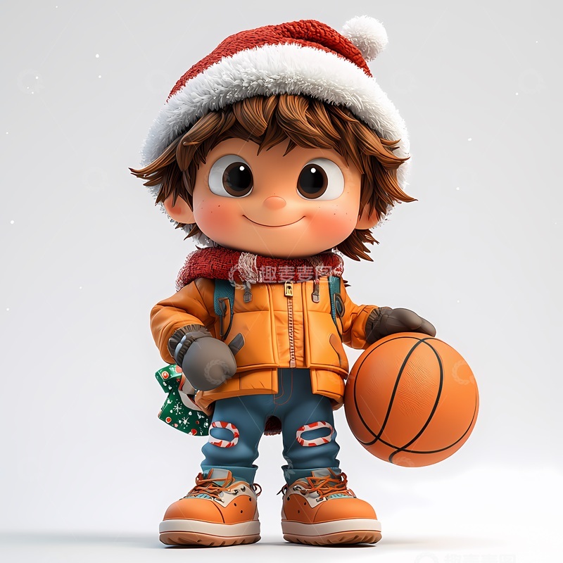 高清大图下载【趣麦麦图】卡通圣诞男孩篮球插画
