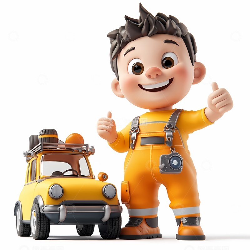 高清大图下载【趣麦麦图】卡通小男孩与汽车摄影插画