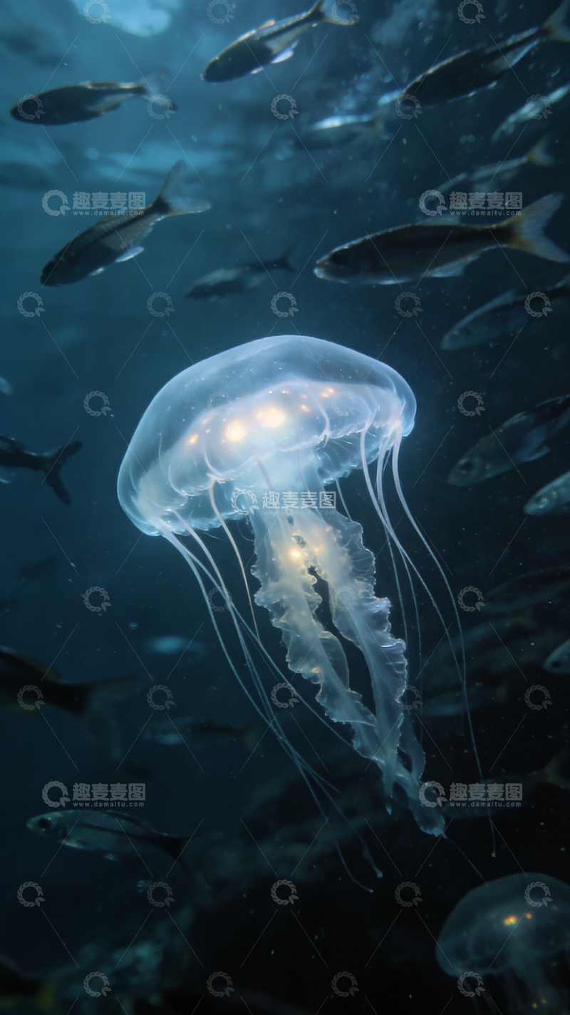 高清大图下载【趣麦麦图】深海幽蓝水母游动场景