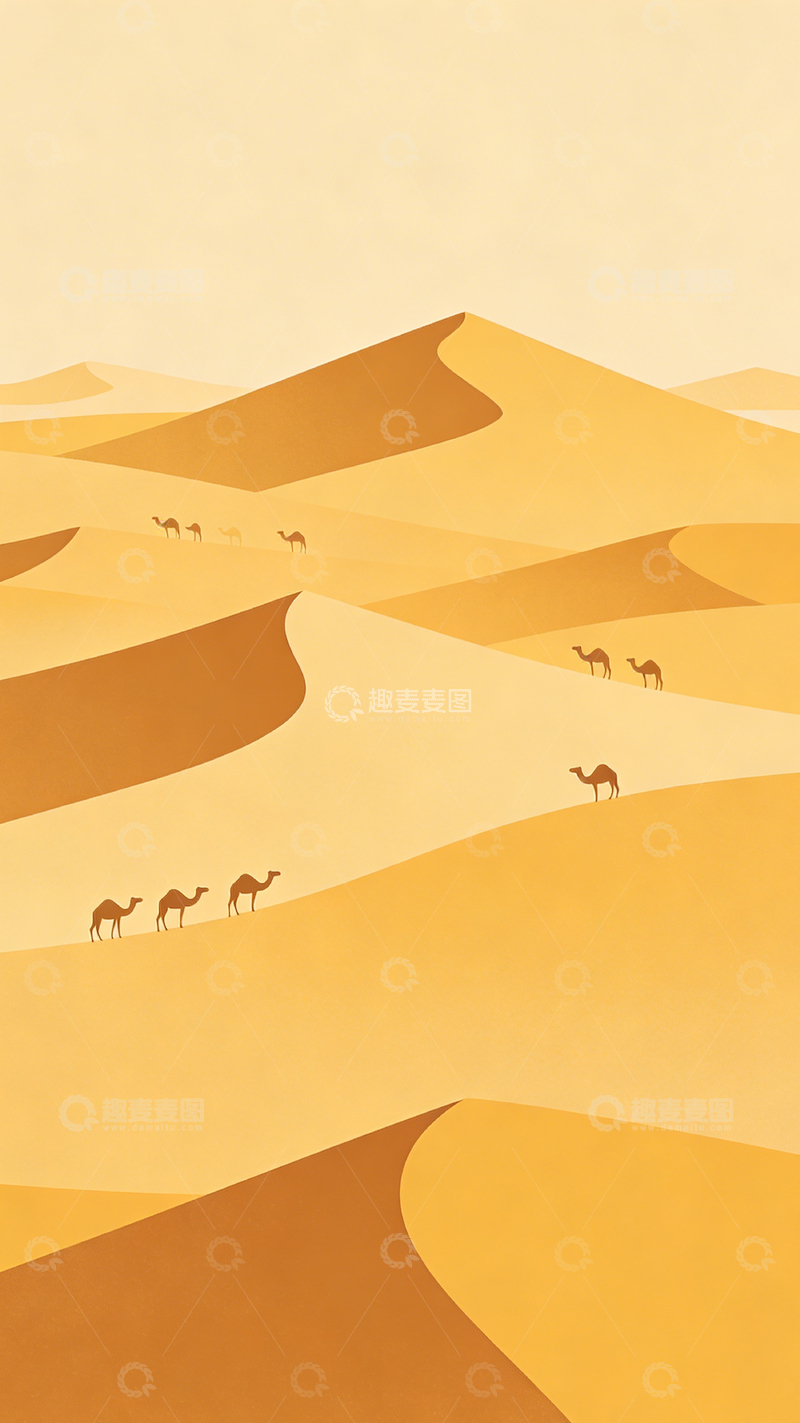 高清大图下载【趣麦麦图】沙漠骆驼风景插画