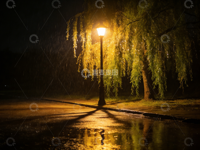 高清大图下载【趣麦麦图】雨夜路灯柳树