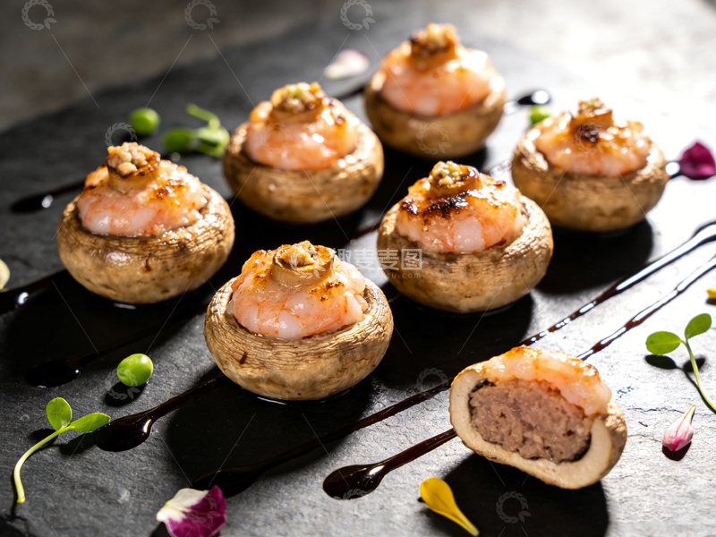 高清大图下载【趣麦麦图】精致美食虾仁蘑菇摆盘