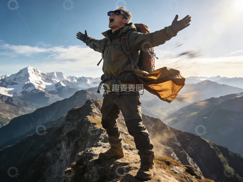 高清大图下载【趣麦麦图】登山者高山峰顶欢呼