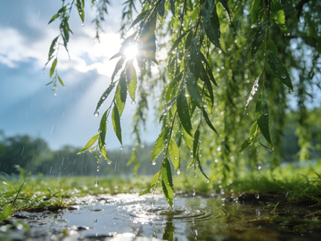 阳光柳枝雨滴景观自然摄影