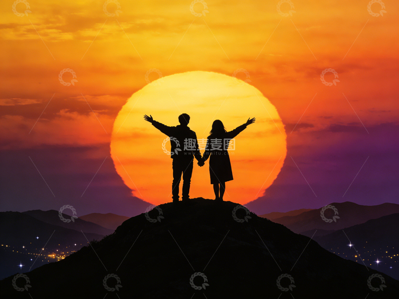 高清大图下载【趣麦麦图】夕阳剪影浪漫情侣山丘