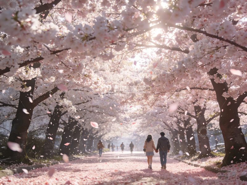 高清大图下载【趣麦麦图】樱花树下漫步浪漫场景