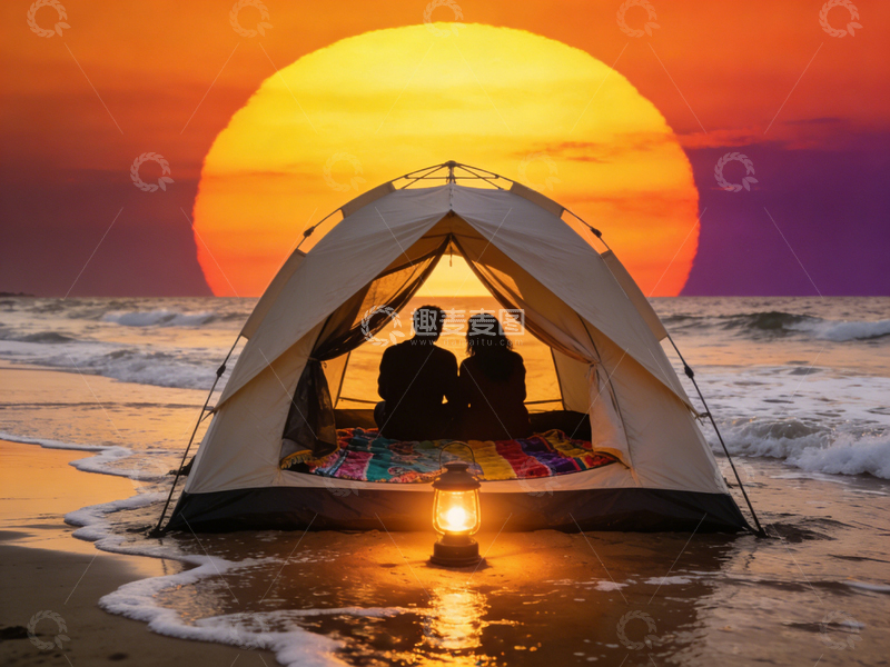 高清大图下载【趣麦麦图】海边露营夕阳美景