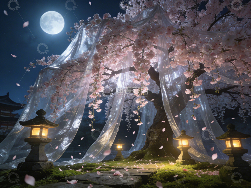 高清大图下载【趣麦麦图】古风樱花夜景幻想插画