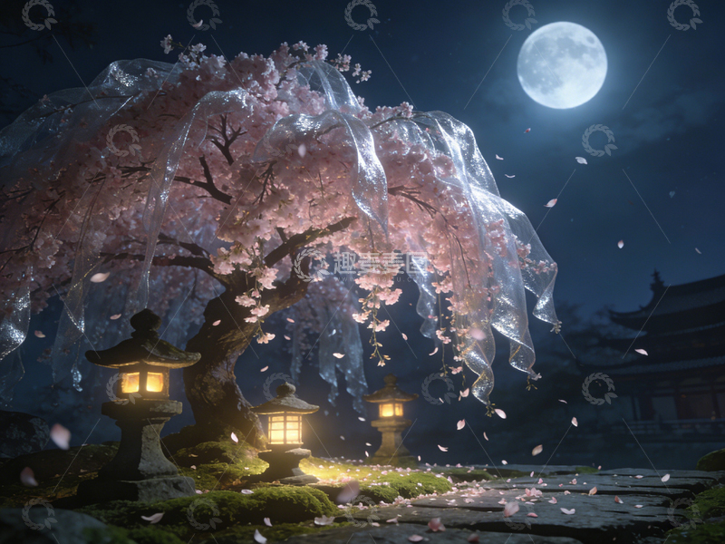 高清大图下载【趣麦麦图】古风月夜樱花景