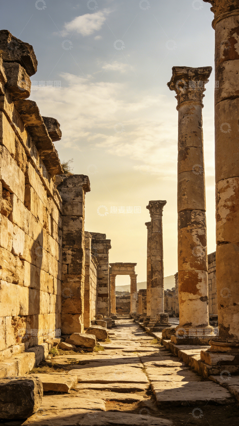 高清大图下载【趣麦麦图】古罗马遗迹石柱夕阳景观