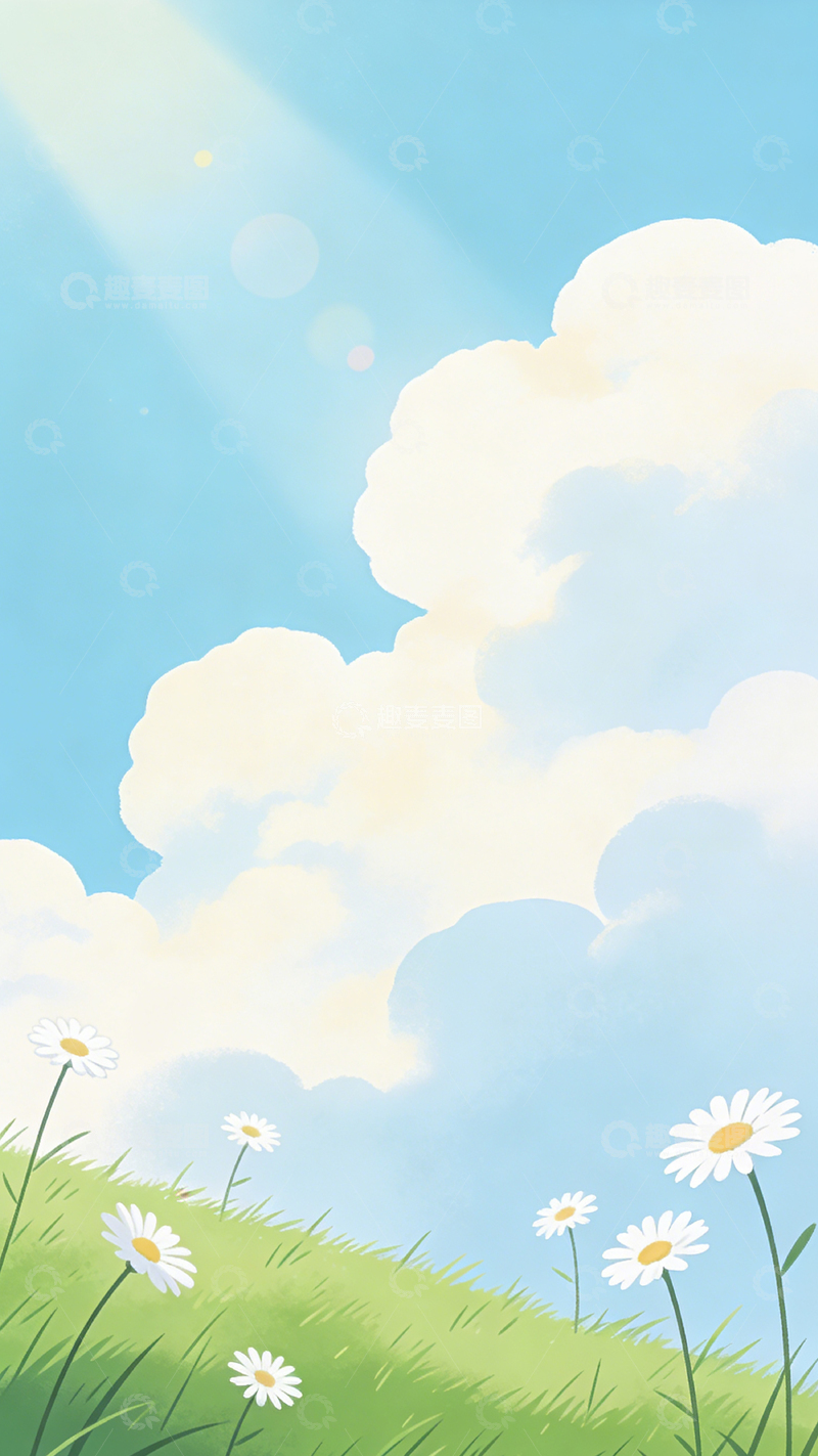 高清大图下载【趣麦麦图】阳光草地雏菊插画