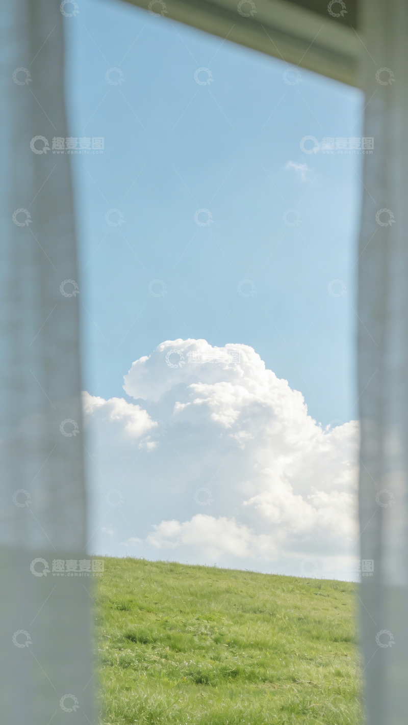 高清大图下载【趣麦麦图】窗外风景蓝天白云草地