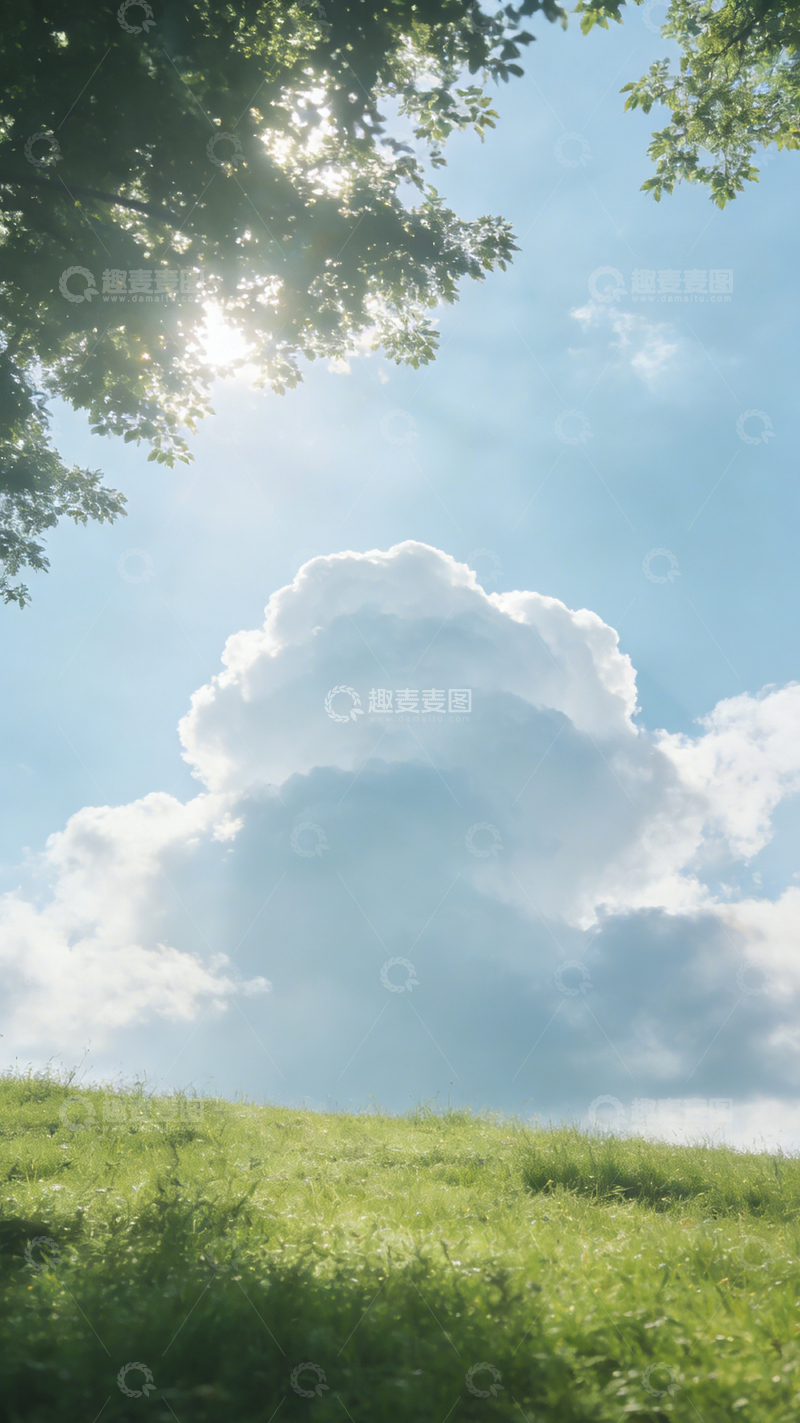 高清大图下载【趣麦麦图】清新草地云朵风景插画