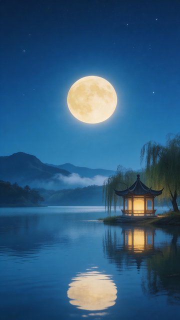 月夜湖畔古风亭
