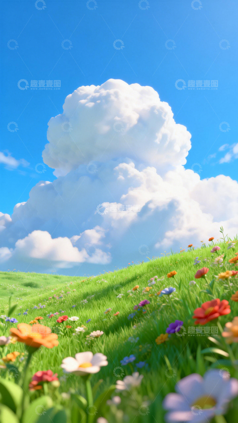 高清大图下载【趣麦麦图】蓝天白云花海风景插画