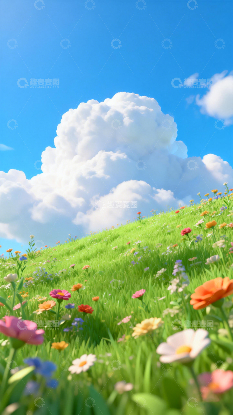 高清大图下载【趣麦麦图】卡通风花海蓝天美景