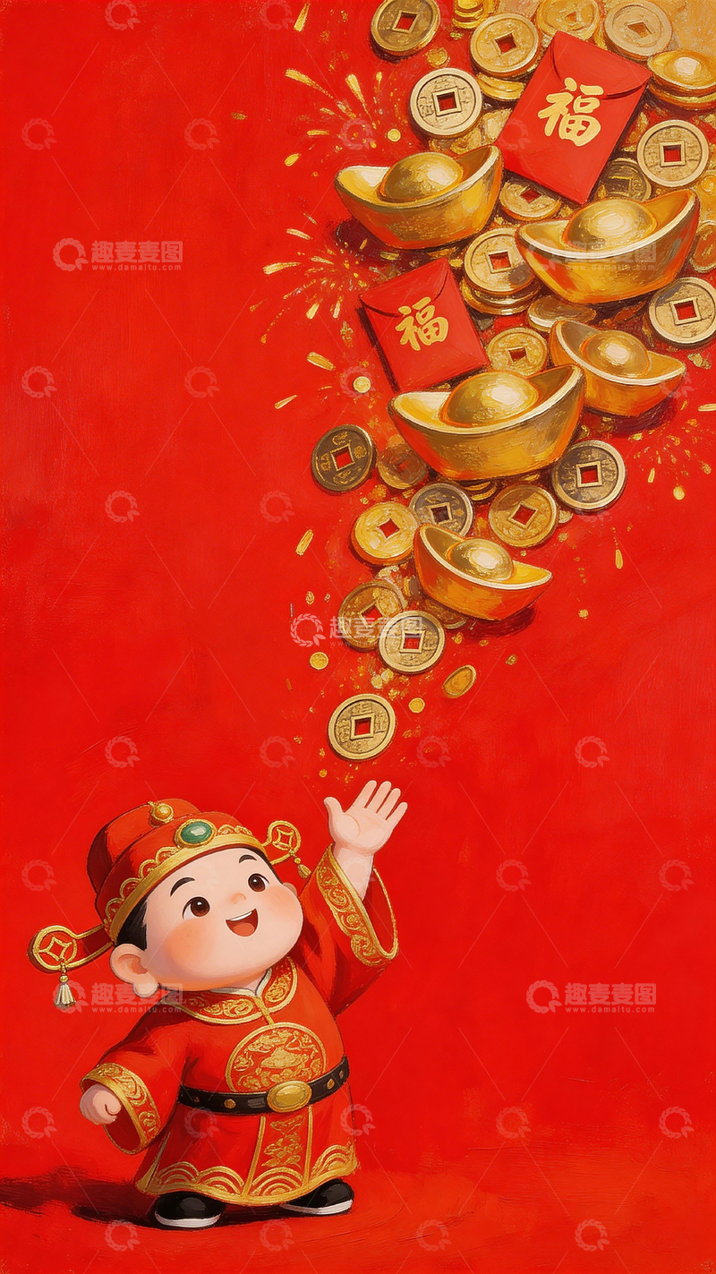 高清大图下载【趣麦麦图】卡通财神春节祝福插画