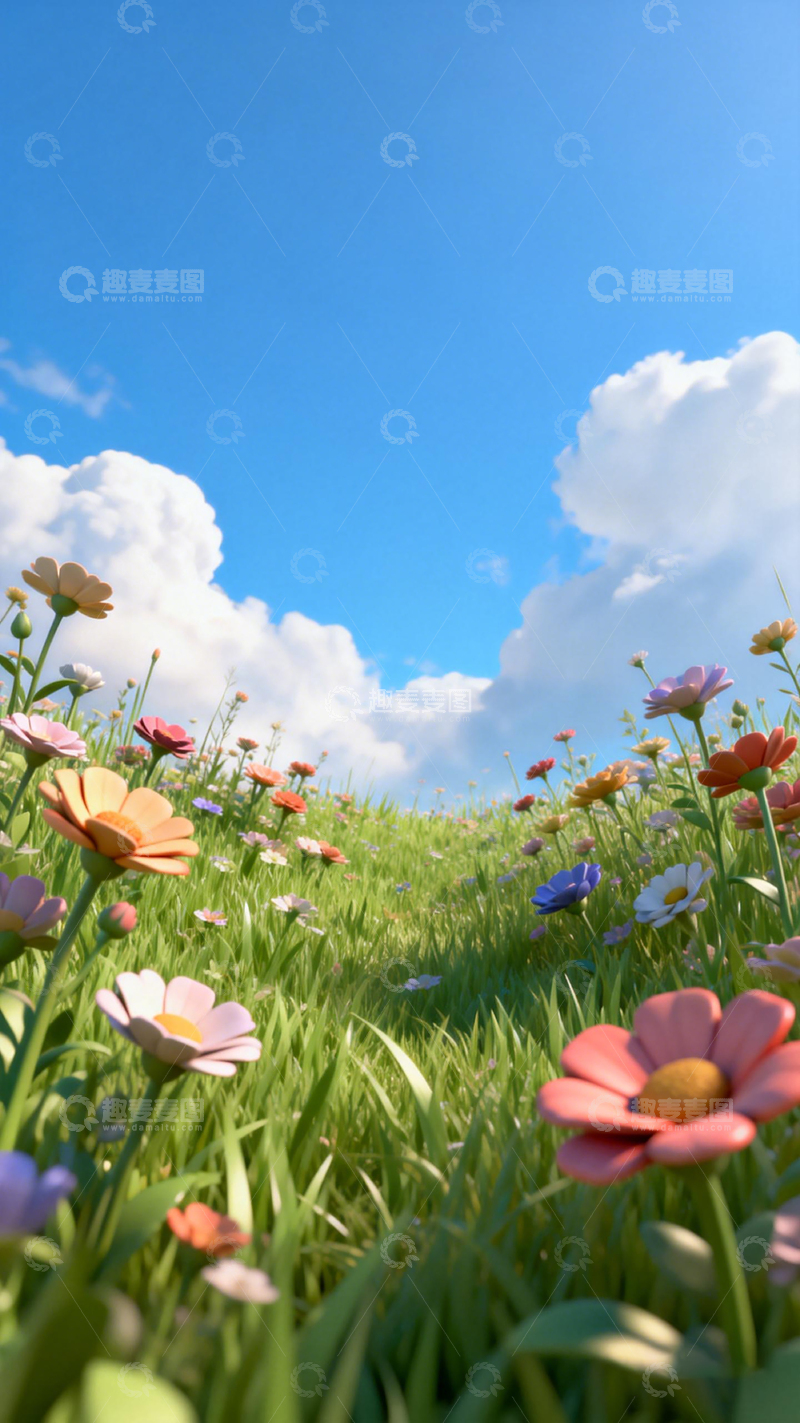 高清大图下载【趣麦麦图】花海蓝天美景插画