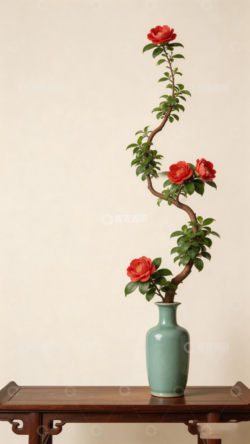 高清大图下载【趣麦麦图】中式插花艺术茶花盆栽