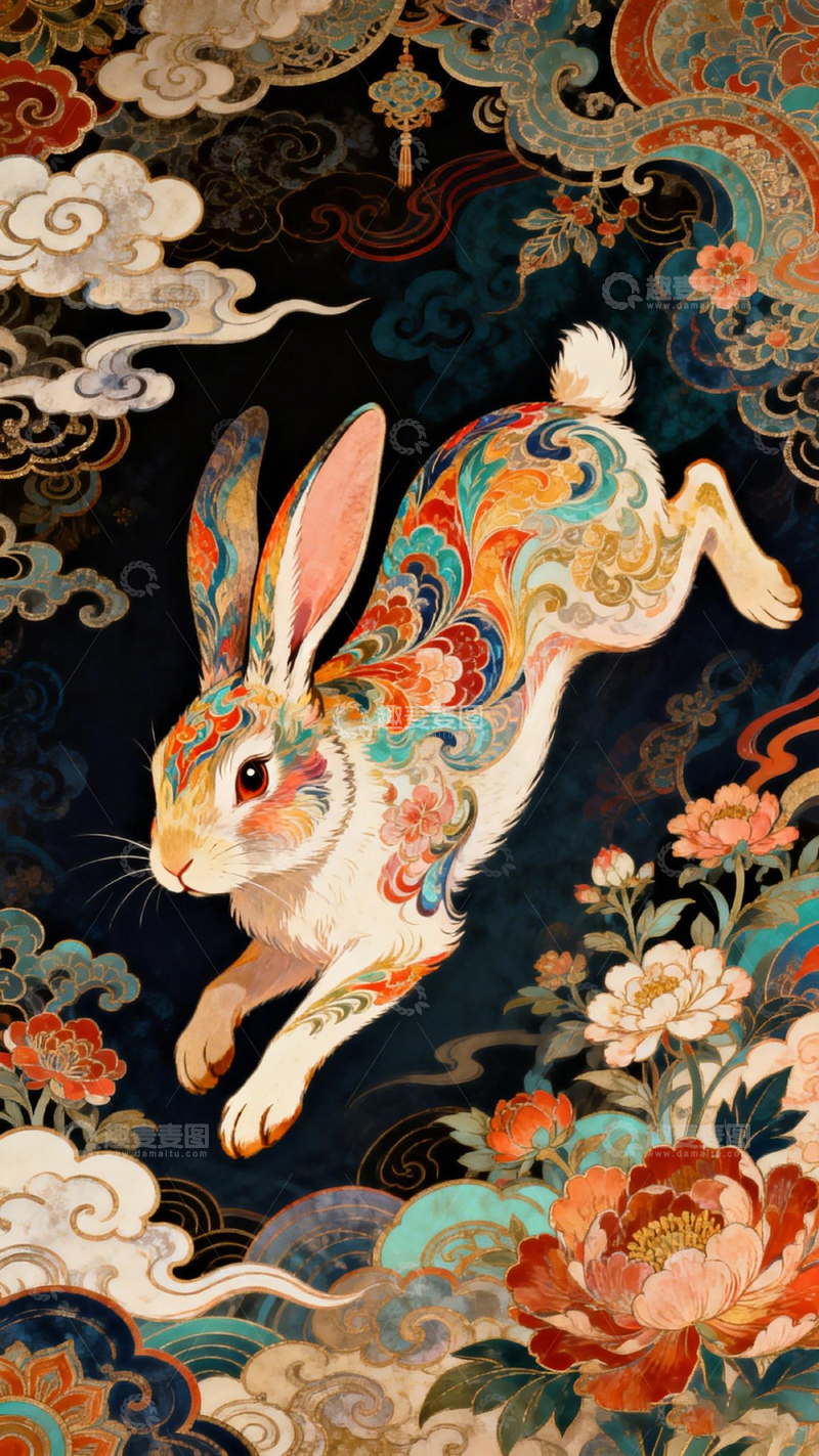 高清大图下载【趣麦麦图】彩绘兔跃东方艺术风格