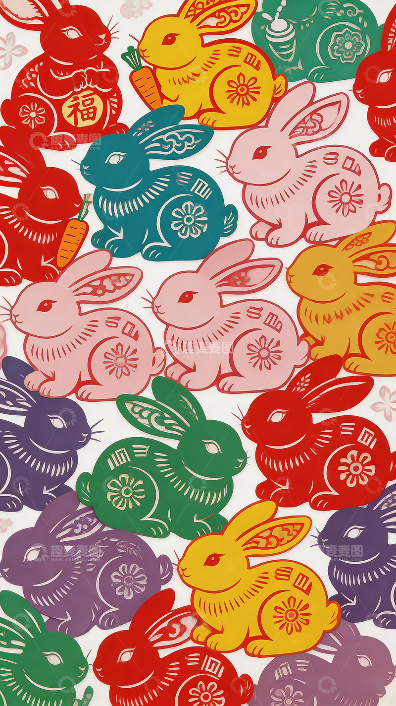 高清大图下载【趣麦麦图】彩色剪纸兔年新春图案