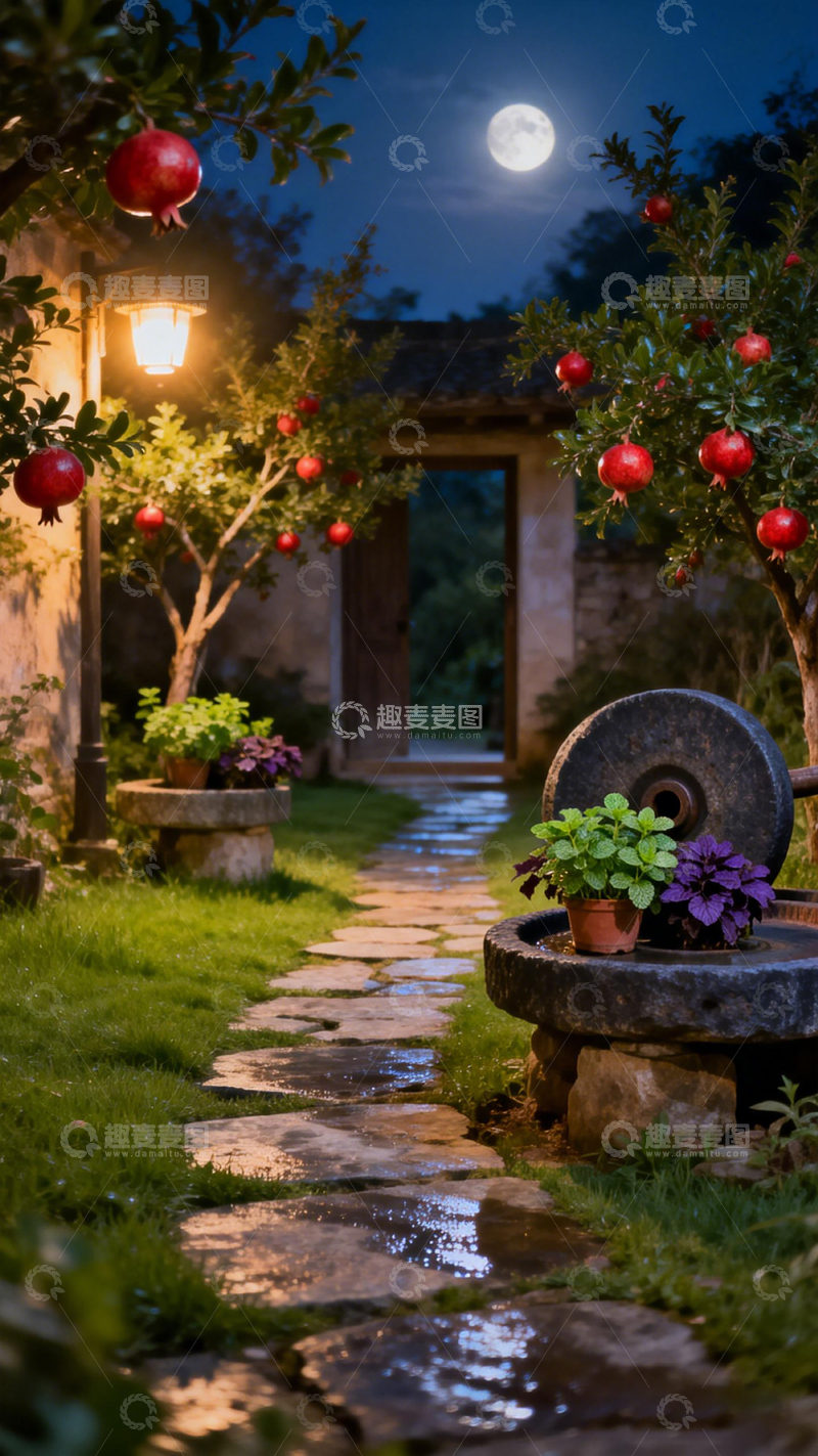 高清大图下载【趣麦麦图】月夜庭院静谧美景